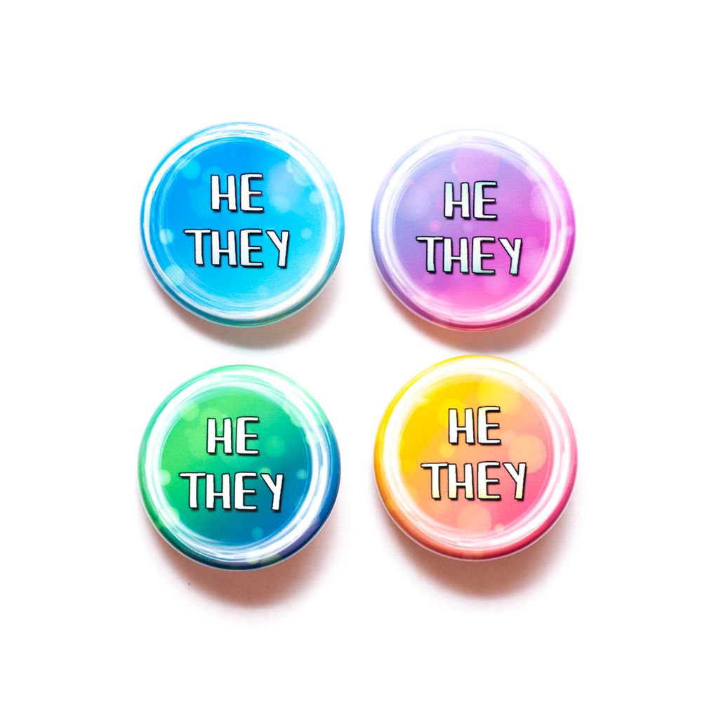 He/they pronoun buttons
