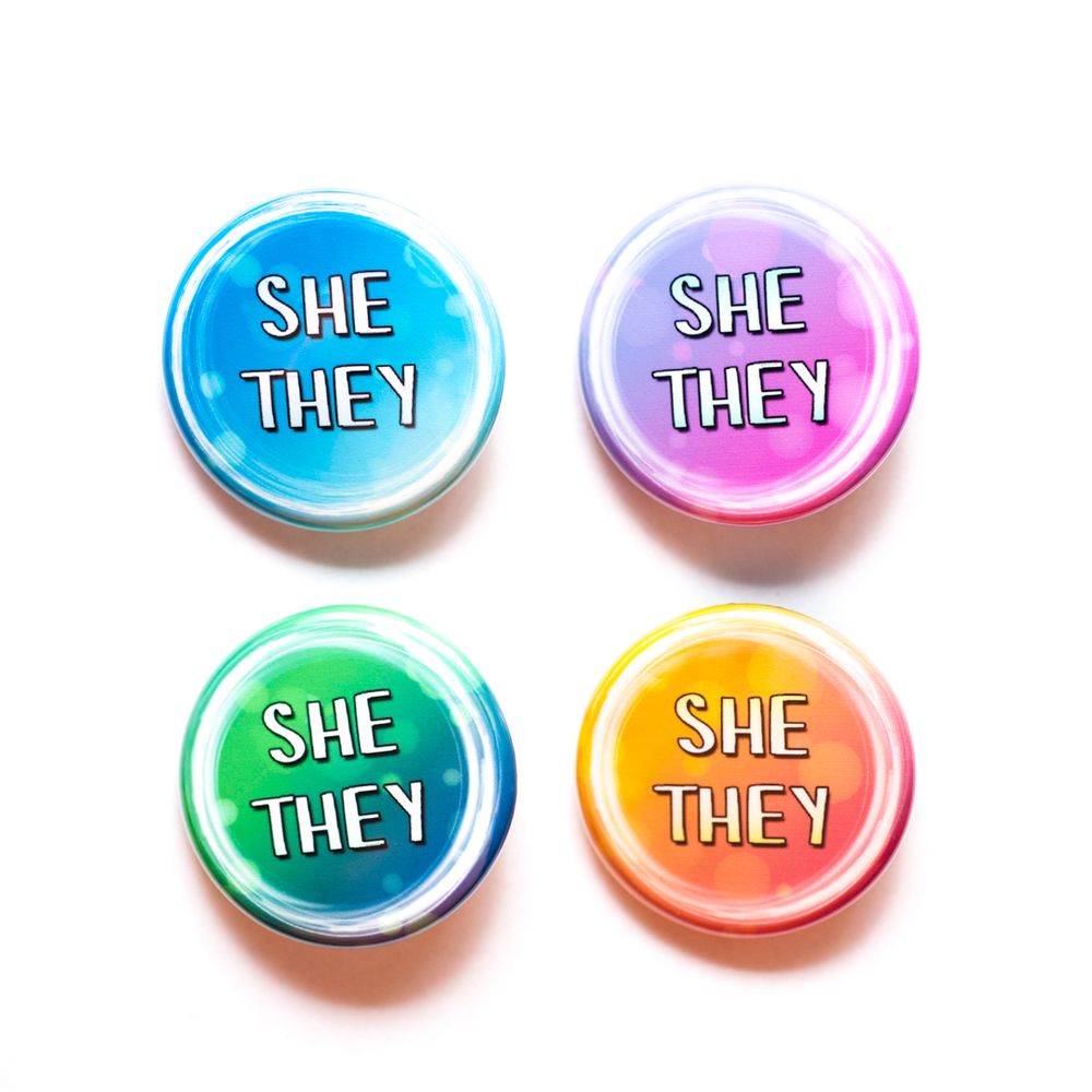 She/they pronoun buttons