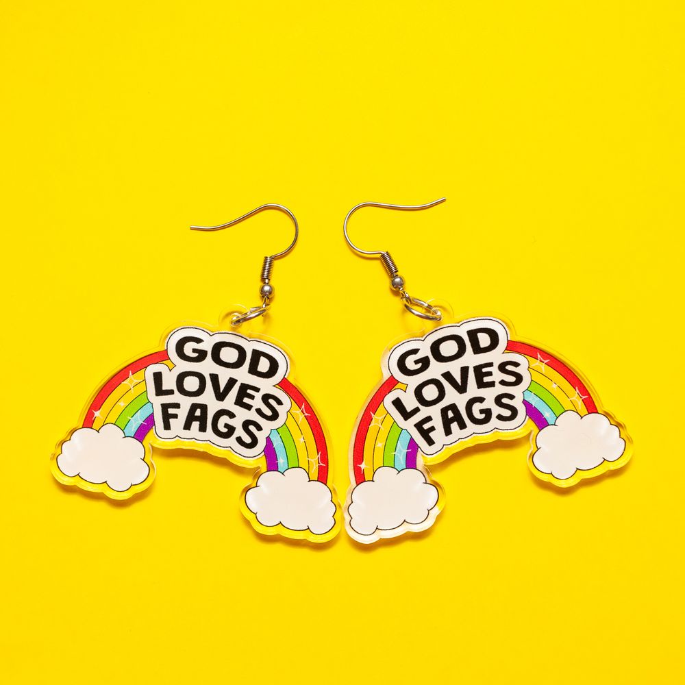 God loves fags LGBTQ+ acrylic earrings
